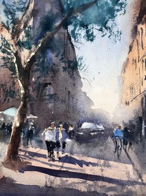 Original watercolor painting of a street scene in Lyon, France by Tigran Poghossian