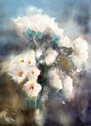 Original watercolor painting of white flowers by Tigran Poghossian