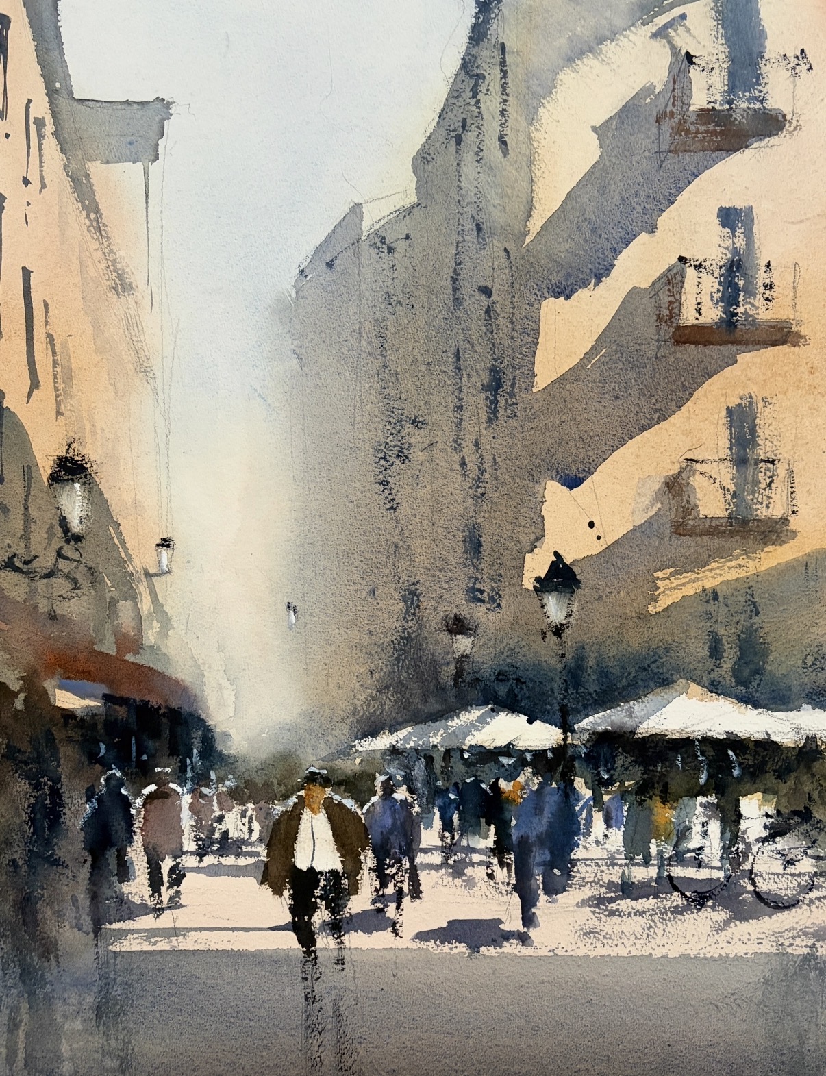 Original watercolor painting of white umbrellas in Menton, France by Tigran Poghossian
