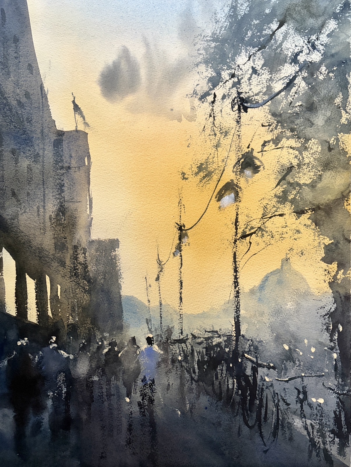 Original watercolor painting of a sunset in Berlin by Tigran Poghossian