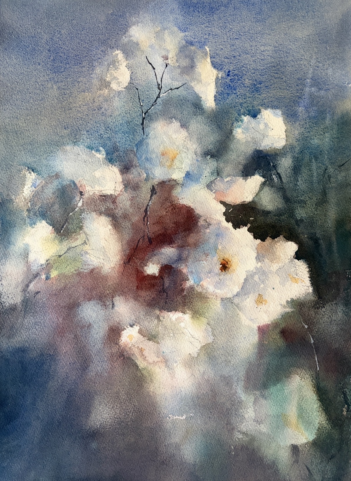 Original watercolor painting of white flowers by Tigran Poghossian